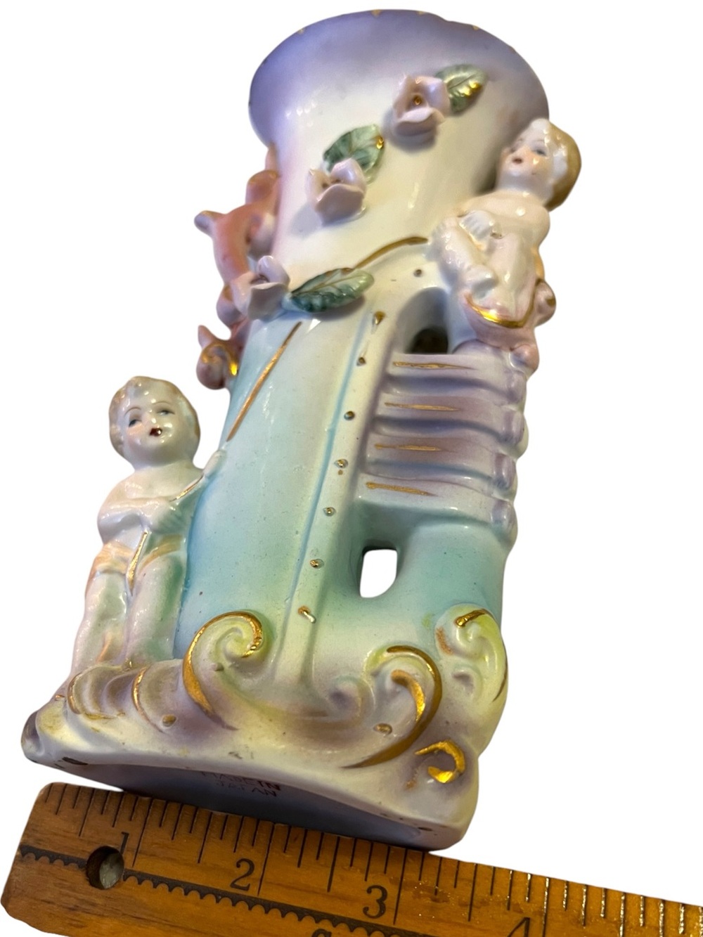 Vintage Cherub Piano Porcelain Vase Putti Roses Gold Japan Style - Picture 7 of 8